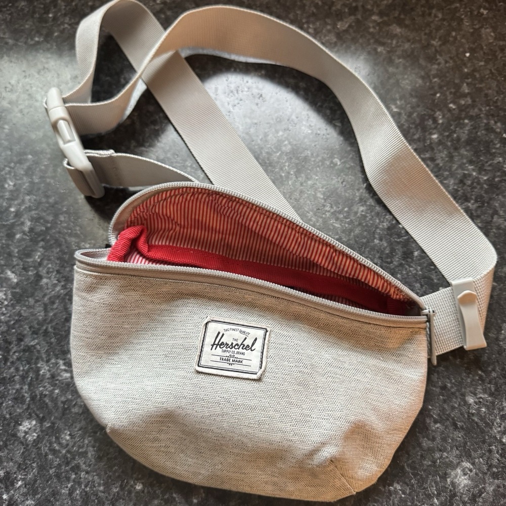 Herschel‎ Grey Canvas Fanny Pack Bag Red Stripe Interior One Adjustable Size